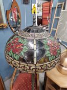 A TIFFANY STYLE STANDARD LAMP WITH LEADED GLASS SHADE