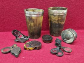 FIVE HORN MOUNTED FOLDING MAGNIFYING GLASSES, TWO HORN BEAKERS WITH METAL MOUNTED RIMS TOGETHER WITH