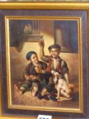 A DECORATIVE CONTINENTAL STYLE SCENE OF TWO BOYS HAVING A PICNIC WITH A DOG, 15.5 X 19cm.