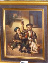 A DECORATIVE CONTINENTAL STYLE SCENE OF TWO BOYS HAVING A PICNIC WITH A DOG, 15.5 X 19cm.