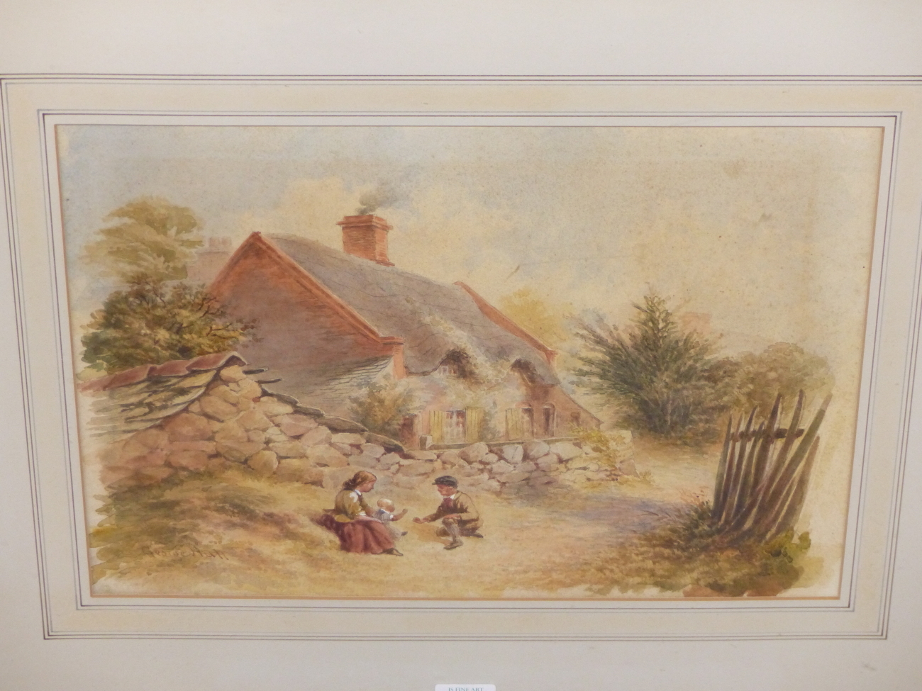 GEORGE HALL (19th CENTURY) BRITISH, CHILDREN OUTSIDE A COTTAGE, SIGNED, WATERCOLOUR, 37.5 X 26.5cm. - Image 2 of 5