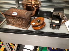 A COPPER KETTLE, A WOODEN FISHING REEL, A STEREOSCOPIC VIEWER AND A WOODEN BOX INSCRIBED FOUDROYANT