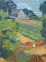 MARY BARNETT-STUART (20th CENTURY) ARR, LANDSCAPE WITH CHURCH, ABERDEENSHIRE II, OIL ON BOARD, 4 X