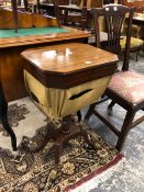 A VICTORIAN LINE INLAID MAHOGANY WORK TABLE THE LIFT UP TOP ENCLOSING A COMPARTMENTAL TRAY LIFTING