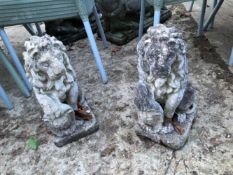 A PAIR OF RECONSTITUTED STONE SEATED LION GATE POST FINIALS.