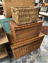 TWO LARGE WICKER LAUNDRY HAMPERS AND A BASKET