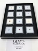 A COLLECTION OF VARIOUS GEMSTONES, CASED TO INCLUDE GREEN SAPPHIRE, RUBIES, BLUE ZIRCON, GARNET,