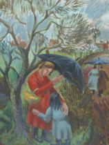 B.D. TYLER ( MID 20th CENTURY) ARR. TAKING SHELTER. GOUACHE ON BOARD, SIGNED LOWER RIGHT. 37 X 55