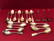 THIRTEEN VARIOUS SILVER FIDDLE PATTERN TEA SPOONS, THREE OLD ENGLISH SILVER TEA SPOONS TOGETHER WITH