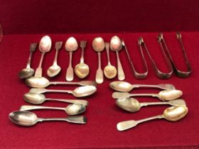 THIRTEEN VARIOUS SILVER FIDDLE PATTERN TEA SPOONS, THREE OLD ENGLISH SILVER TEA SPOONS TOGETHER WITH