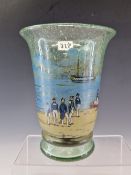 AN EARLY 20th C. GLASS VASE PAINTED WITH 18th C. NAVAL OFFICERS ABOUT TO BE ROWED OUT TO GUN SHIPS