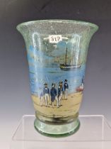 AN EARLY 20th C. GLASS VASE PAINTED WITH 18th C. NAVAL OFFICERS ABOUT TO BE ROWED OUT TO GUN SHIPS