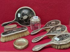 SILVER INLAID TORTOISESHELL BRUSHES AND OTHER DRESSING TABLE WARES, STERLING SILVER SALTS AND