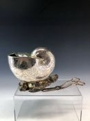 A MAPPIN AND WEBB ELECTROPLATE NAUTILUS SHAPED SPOON WARMER TOGETHER WITH A PAIR OF ELECTROPLATE