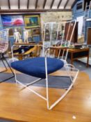 AN ERNEST RACE ANTELOPE WIRE WORK ROCKING CHAIR WITH WOODEN ARMS AND BLUE UPHOLSTERED DROP IN SEAT