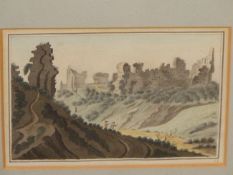 SAMUEL ATKINS (FL.1787-1808), CARNARVON CASTLE WITH THE TOWN BEHIND, WATERCOLOUR, 12.5 X 6cm, ALBANY