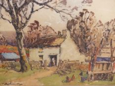 WILL EVANS (1888-1957) WELSH, ARR, WELSH FARM WITH FIGURE AND CHICKENS, SIGNED, WATERCOLOUR, 54.5