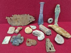 A BOX OF FOSSILS, FIGURES TO INCLUDE AN USHABTI, A CHINESE JADEITE PENDANT, A QILIN HANDLED SNUFF