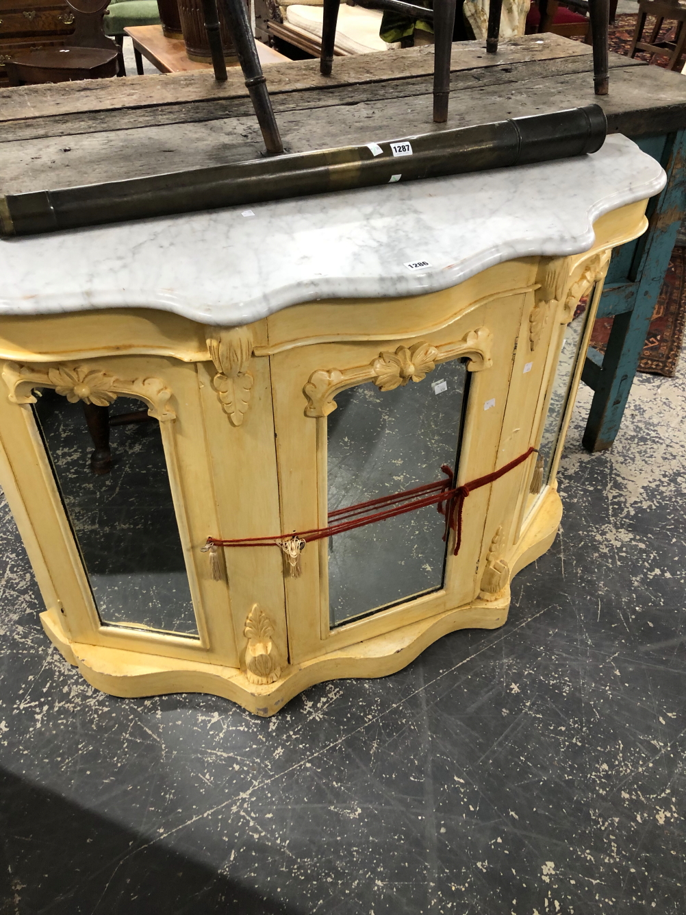 A VICTORIAN PAINTED MARBLE TOP SIDE CABINET