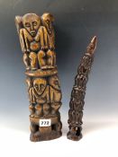 TWO AFRICAN STAINED BONE TOTEMS, POSSIBLY FROM THE LEGA PEOPLES, THE LARGER WITH TWO TIERS OF
