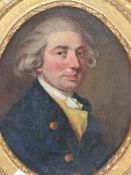 FOLLOWER OF SIR GEORGE ROMNEY, BUST LENGTH PORTRAIT OF A GENTLEMAN WEARING BLUE COAT, YELLOW