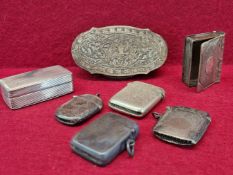 THREE SILVER VESTAS, TWO OTHERS, A FRENCH SILVER SNUFF BOX AND A WHITE METAL POWDER AND LIPSTICK