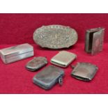 THREE SILVER VESTAS, TWO OTHERS, A FRENCH SILVER SNUFF BOX AND A WHITE METAL POWDER AND LIPSTICK
