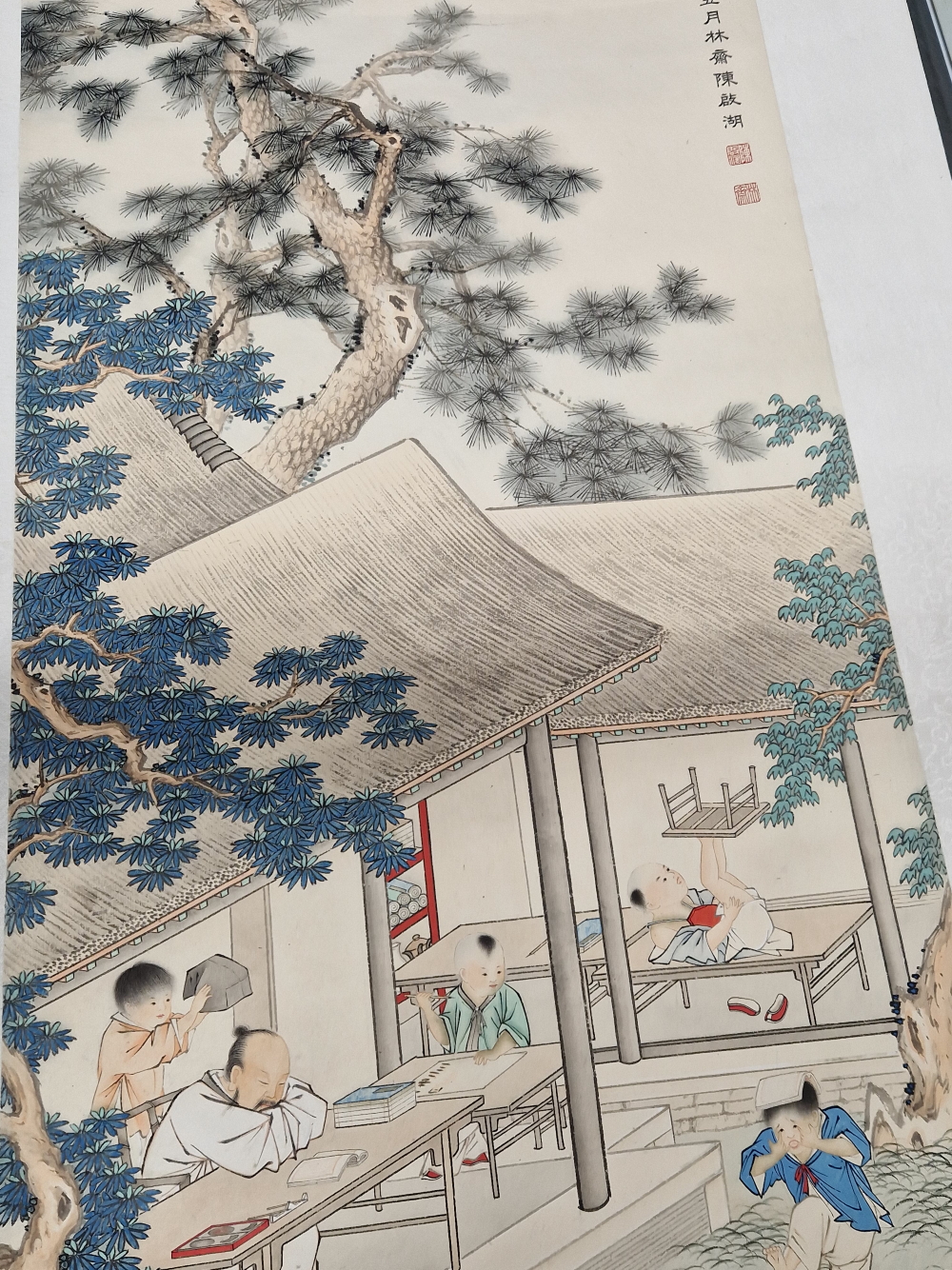 A CHINESE SCROLL PAINTING, FOUR MAGPIES BY CHEN SONG REN, AND ANOTHER PRIMARY SCHOOL IN SUMMER BY - Image 3 of 8