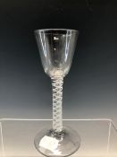 AN 18th C. DOUBLE HELIX OPAQUE TWIST WINE WITH A CONICAL BOWL AND CIRCULAR FOOT. H 15cms.