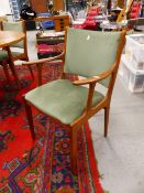 A SET OF SIX GREY/GREEN UPHOLSTERED TEAK DINING CHAIRS TO INCLUDE TWO WITH ARMS