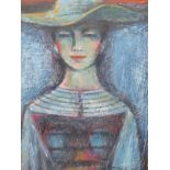 TONY BARTL ( CZECH 1912-1998) ARR- BLUE LADY, OIL ON WOOD PANEL. SIGNED AND LABELED VERSO. 38 X 49