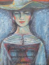 TONY BARTL ( CZECH 1912-1998) ARR- BLUE LADY, OIL ON WOOD PANEL. SIGNED AND LABELED VERSO. 38 X 49