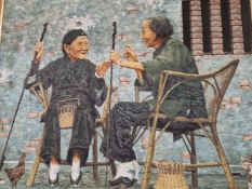 S.W. LIOU (20TH CENTURY) CHINESE, AN OVER-PAINTED PRINT ON CANVAS OF TWO ELDERLY LADIES IN