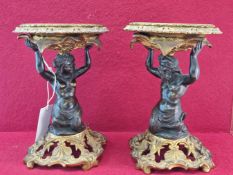 PAIR OF 19th C. BRONZE AND ORMOLU STANDS SUPPORTING SLATE BLACK CERAMIC BOWLS, THE ORMOLU TOPS