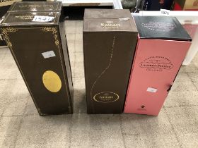 THREE BOTTLES OF CHAMPAGNE IN PRESENTATION BOXES TO INCLUDE LAURENT PERRIER ROSE BRUT NV 75CL,