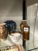 A PAIR OF SATSUMA VASES, AN ETUI, A TEA BOWL AND A HANCOCKS LUSTRE JAR