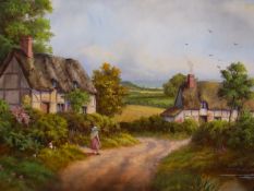 PETER KOTKA (20th CENTURY), GIRL ON A COUNTRY LANE WITH COTTAGES, SIGNED, OIL ON BOARD, 29.5 X 19.