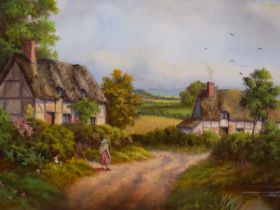 PETER KOTKA (20th CENTURY), GIRL ON A COUNTRY LANE WITH COTTAGES, SIGNED, OIL ON BOARD, 29.5 X 19.