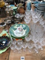 VARIOUS TABLE GLASSWARE DECORATIVE CHIINA AND PLATED WARES