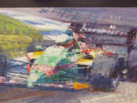 DEXTER BROWN (B.1942), ARR, F1 BENETTON, FORMULA 1 SCENE WITH RACING CAR, SIGNED, GOUACHE, 38 X