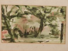 ENGLISH SCHOOL (20th CENTURY), "GREEN, CRYLLA" VIEW OF TREES, INSCRIBED ANN TRAVIS AND TITLED VERSO,