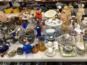 A QUANTITY OF DECORATIVE CHINA WARES, BLUE GLASSWARES AND PLATED METAL WARES ETC.