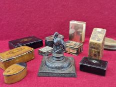 SEVEN VARIOUS SNUFF BOXES, A PAIR OF BALL PENDANTS AND AN IRON HERON PAPERWEIGHT