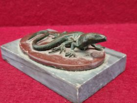 A BRONZE LIZARD MOUNTED ON A RED STONE OVAL AND RECTANGULAR GREY MARBLE PLINTH AS A PAPERWEIGHT, THE