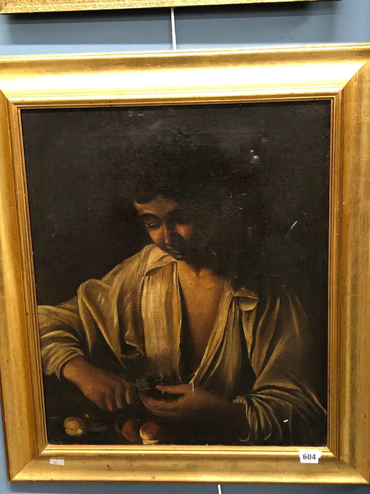 AFTER THE OLD MASTERS. (EARLY 19th CENTURY) A YOUNG MAN PEELING APPLES. OIL ON CANVAS 50 X 60 cm. - Image 6 of 8