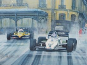 RODNEY DIGGENS (B 1937), ARR. KEKE ROSBERG WINNING THE 1983 MONACO GRAND PRIX, WATERCOLOUR SIGNED