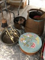 A VICTORIAN STOOL AND VARIOUS COPPER WARES