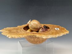 A BURR WOOD BOWL CONTAINING SPECIMEN WOOD APPLES, PEARS, GRAPES AND A LEMON, THE BURR WOOD. W