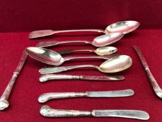 A VICTORIAN SILVER FIDDLE PATTERN BASTING SPOON, LONDON 1838, TWO FIDDLE PATTERN TABLE SPOONS,