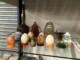 STONE EGGS, GLASS PAPERWEIGHTS TOGETHER WITH A SCULPTORS MALLETT